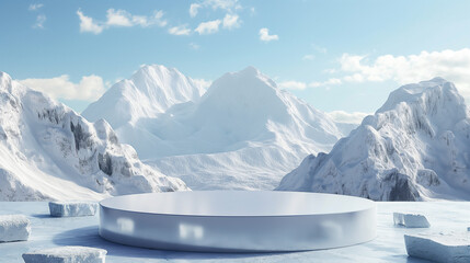 3D winter platform, frozen podium on a frozen lake, backdrop of snowy mountains, ice and clear sky for product display. Advertisement. Skincare, cosmetics with empty sphere.