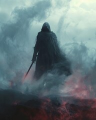 An ancient warrior shrouded in mist, standing on a battlefield at dawn - obrazy, fototapety, plakaty