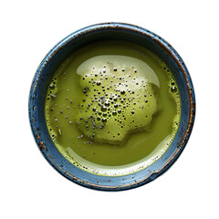 Fototapeta premium Green matcha tea in cup PNG Healthy green tea in blue cup top view PNG. Matcha tea isolated