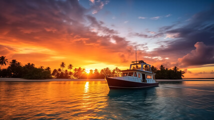 Fototapeta premium A serene scene of a leisure boat sailing on calm waters near a tropical island under a breathtaking sunset sky. 