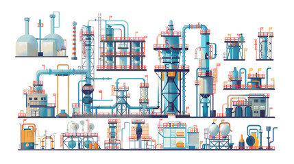 Set of factory or industrial buildings, power plant being built in flat style, refinery or nuclear power plant. Industrial building, eco-style concept, factory, urban landscape