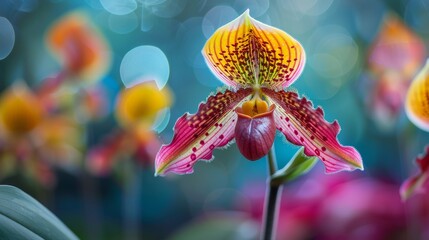 Close up of stunning maroon, yellow, and white lady s slipper orchid in full bloom