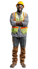 Full body photo of a smiling black male construction worker, isolated on white