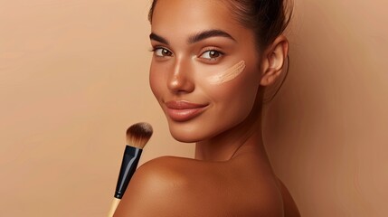 Radiant young woman applying foundation for flawless makeup look