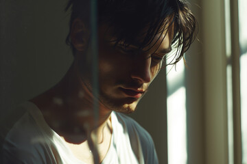 a young  handsome man with a white shirt front of a windoe