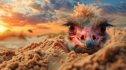Up-close encounter with a curious ostrich at sunset