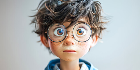 illustration of a cartoon boy with big round glasses, dark brown hair, and with surprised facial expression