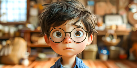 illustration of a cartoon boy with big round glasses, dark brown hair, and with surprised facial expression