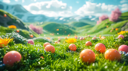 dreamy landscape garden, with colorful meadow flowers, green grass and rolling hills with fantasy balls and elements