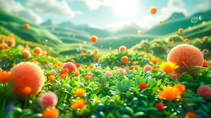dreamy landscape garden, with colorful meadow flowers, green grass and rolling hills with fantasy balls and elements
