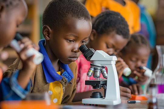 Child scientist doing experiments in the laboratory With a microscope various groups of children, a small boy educational concept Child development in the early stages