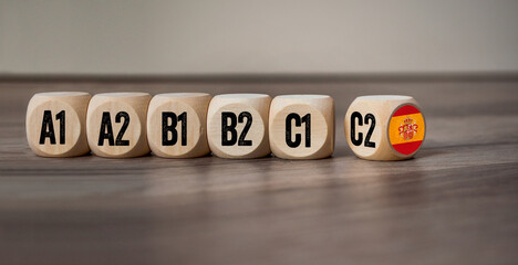 Cubes, dice or block with different language levels english, french, german, spanish on wodden background
