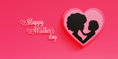 3D illustration of a Pink backgound with a heart and the silhouette of an African-American mother holding her baby boy. Creative art for Mother's Day. Empowering black mothers. Beautiful card.