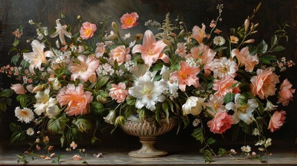 Fototapeta na wymiar A painting of pink and white flowers in a vase on a ledge Behind it, another vase holds flowers