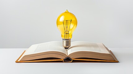 Illuminated yellow lightbulb standing upright on open book against white background