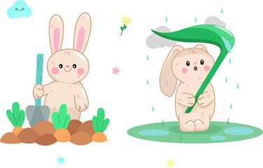 Bright and adorable vector illustrations of a bunny character in kawaii style. These cute and charming poses capture the essence of innocence and playfulness, perfect for children's books, merchandise