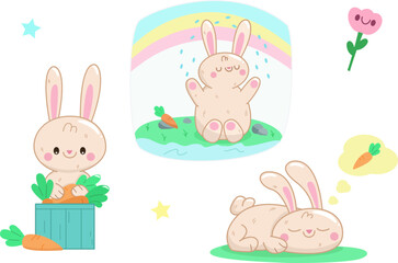 Bright and adorable vector illustrations of a bunny character in kawaii style. These cute and charming poses capture the essence of innocence and playfulness, perfect for children's books, merchandise
