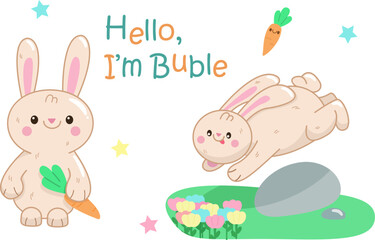 Bright and adorable vector illustrations of a bunny character in kawaii style. These cute and charming poses capture the essence of innocence and playfulness, perfect for children's books, merchandise