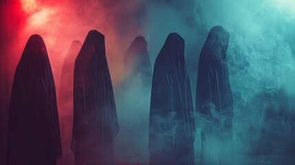 Mysterious hooded figures in atmospheric fog with red and blue lights - obrazy, fototapety, plakaty