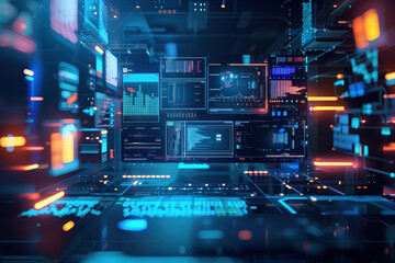 Obraz premium Abstract background with lights and screens. A slide background for showcasing digital and creative content. Background image. Created with Generative AI technology.