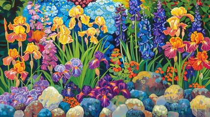 Obraz na płótnie Canvas Regal irises stand tall and proud, their striking colors and intricate patterns adding a touch of elegance to the garden landscape.