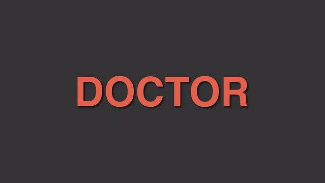 Doctor Profession word Elegant title reveal text animation orange color with shadows on a dark gray background