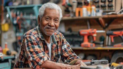 Senior man offering free repair services at a neighborhood tool library