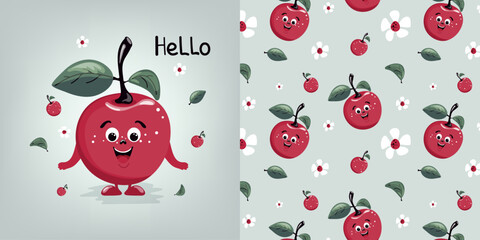 Children's seamless pattern with a funny character. The character is a cherry. Cute vector design for baby bedding, fabric, wallpaper, wrapping paper and more. - obrazy, fototapety, plakaty