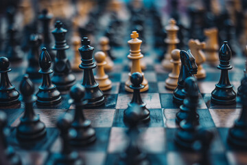 Chess pieces arranged on a chessboard, a strategy game concept to represent decisions in business strategy to find the best solution to achieve the set objectives and goals.