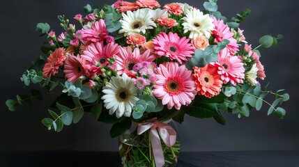   A vase filled with pink and white flowers, accompanied by greenery, and adorned with a pink ribbon at its base