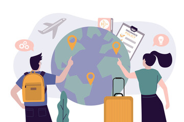 Couple of travellers search some places and locations for vacation and travel. Planning trip, checklist. Summer vacation, recreation and tour concept.