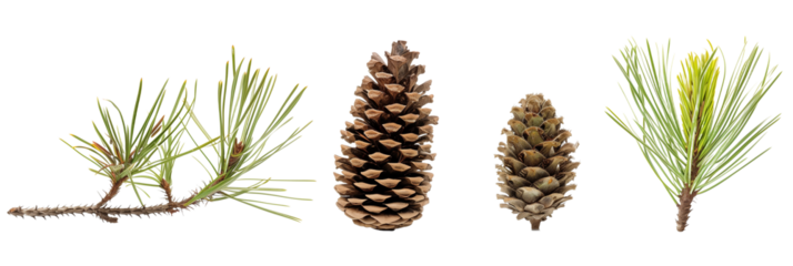 set of Mugo pine, varying in cone production and needle length, isolated on transparent background