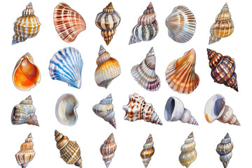 a collection of sea shells with different colors and designs