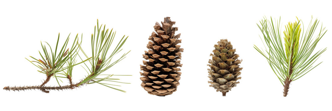 set of Mugo pine, varying in cone production and needle length, isolated on transparent background