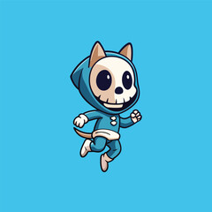 a cartoon cat running in a suit with a blue background