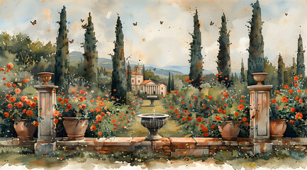Italian Idyll: Butterflies Grace a Renaissance Garden of Sculpted Splendor