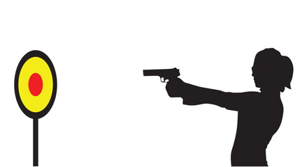 Silhouette woman holding a gun in both hands and ready to shoot, in vector illustration