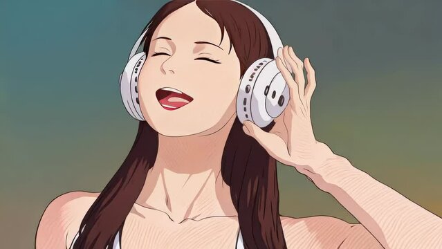 Cartoon anime girl listening to music dancing lights change seamless loop animation