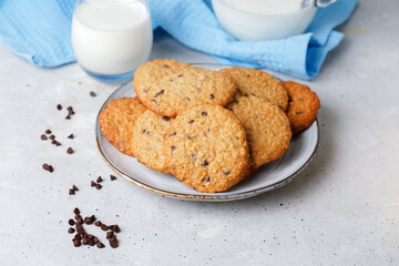 Oats Cookies With Chocolate Drops And Glass Of Milk. Flat Lay.