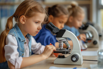 Child scientist doing experiments in the laboratory With a microscope various groups of children, a small boy educational concept Child development in the early stages