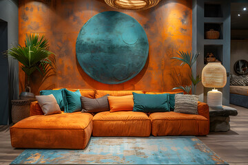 Teal Orange Interior Design: Deep Colored Room with Cozy Lounge