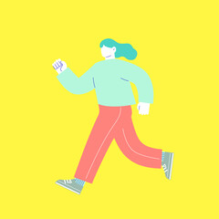 笑顔でランニングする女性のイラスト　白い背景に分離されたフラットなRGBのベクター素材