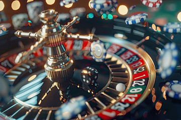 Fototapeta na wymiar casino game Dynamic roulette wheel and aces, chips flying