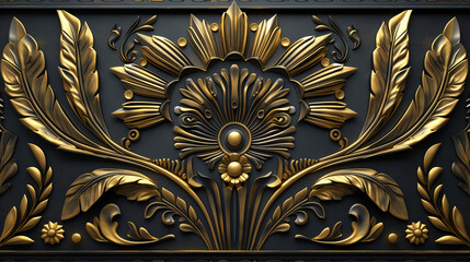 a gold floral bas relief background design in the elegant Art Deco style, featuring geometric patterns, sleek lines, and motifs inspired by the Jazz Age.