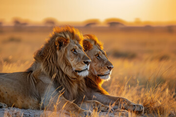 lion and lioness family in the savannah at sunset