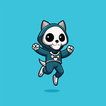 a cartoon cat running in a suit with a blue background