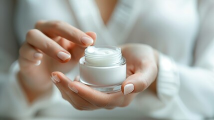 closed up hand and cream jar. Beautiful woman applying skin care cream from white cream jar, Set for spa, skin care and body products and solutions for skin problems such as scars, acne, wrinkles.