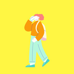 スマホで通話をしながら歩く女性のイラスト　白い背景に分離されたフラットなRGBのベクター