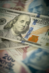 A tactile portrait of international currency with a vivid depiction of USD and TRY bills - 790880667