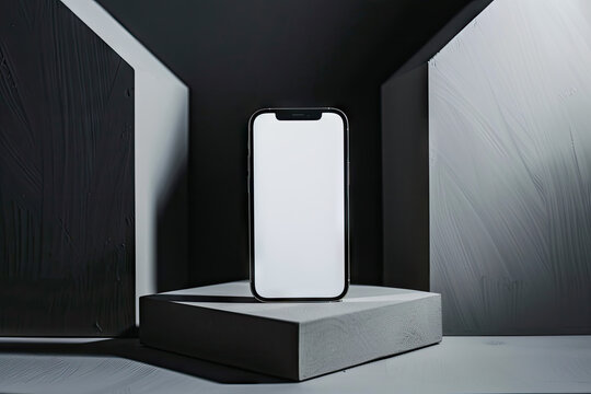 phone with white screen, geometric set design, product photography - Powered by Adobe